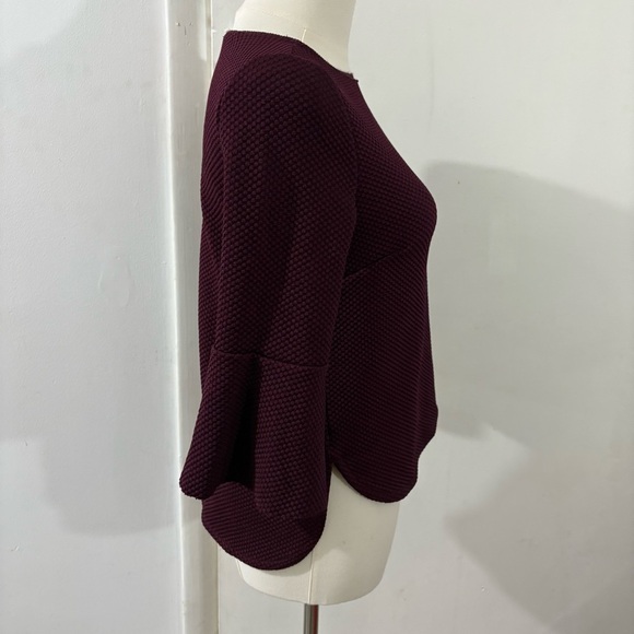 Zara Textured 3/4 Sleeve Blouse Top Burgundy Sz S Bell Sleeve Asymmetric Hem - Picture 2 of 8
